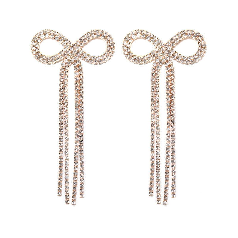 Rhinestone Bow Fringe Long Drop Earrings Silver
