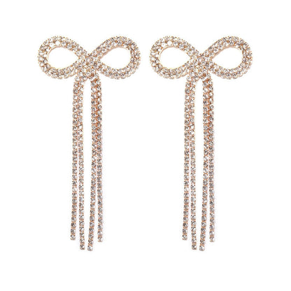 Rhinestone Bow Fringe Long Drop Earrings Silver