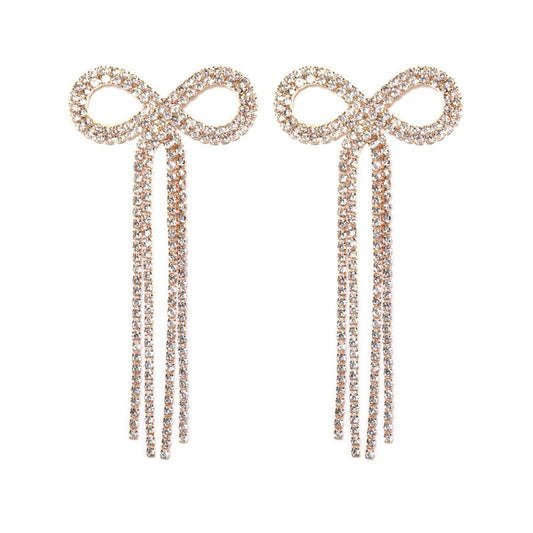Rhinestone Bow Fringe Long Drop Earrings Silver