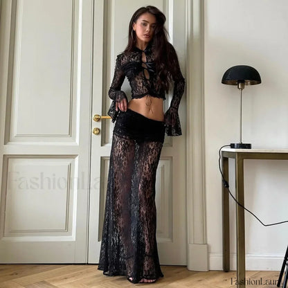 Elegant Sheer Lace Skirts Two Piece Sets Women Sexy Lace-up Long Sleeve Tops and High Waist Slim Skirts Suits Party Sets Dress