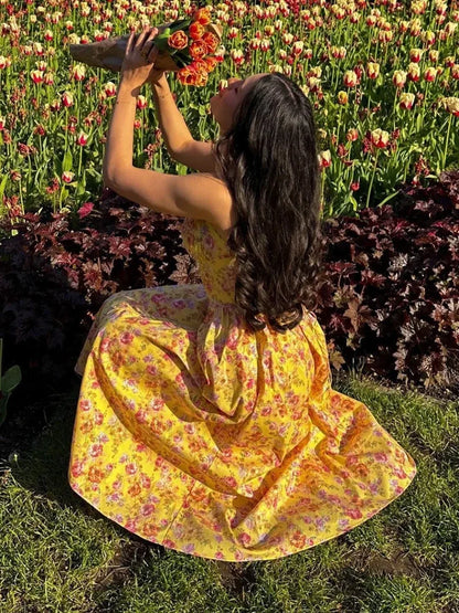 Elegant Summer Floral Print Midi Dress Yellow Lace Up Pocket Floral Dress