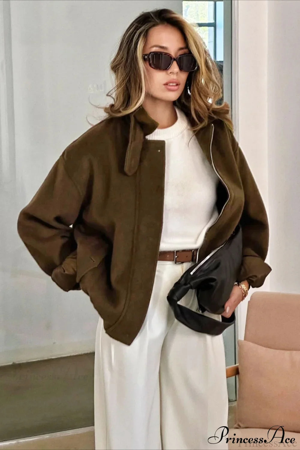 Elegant Wool Zip Short Loose Coat
