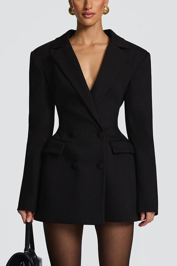 Elvira Double-breasted Long Sleeve Adjustable Back Belt Lapel Blazer Mini Dress