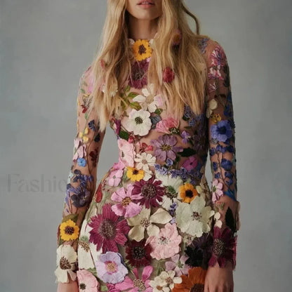 Embroidered Slimming Lace Three-Dimensional Flower Mini Floral Dress