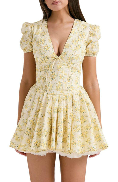 Vestido mini con cuello en V y estampado floral Emily