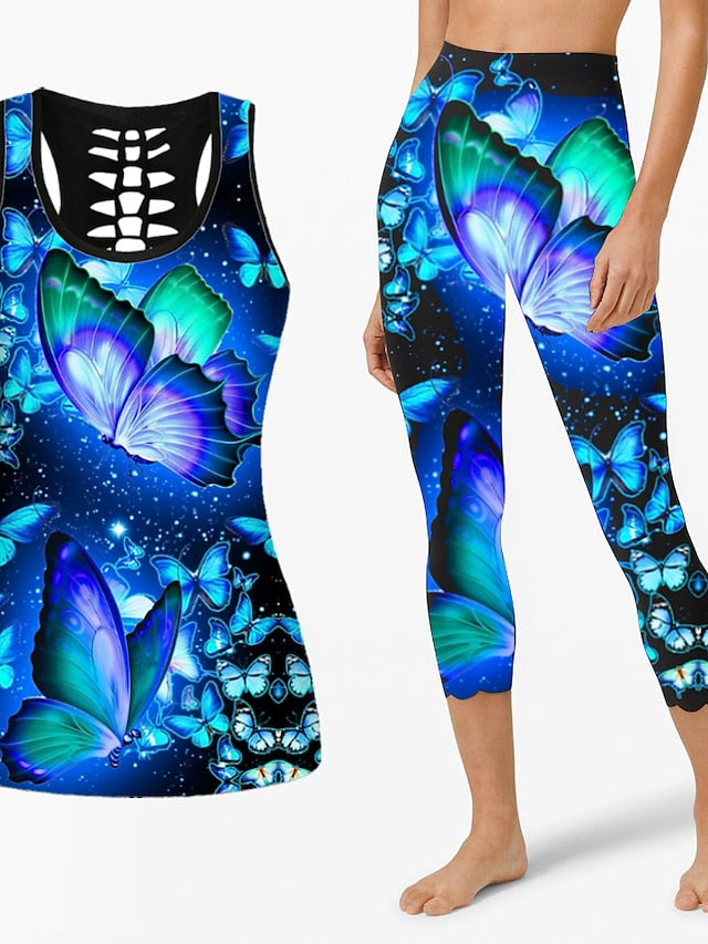 21Grams Women's Workout Sets 2 Piece Butterfly Tank Top Capri Leggings Clothing Suit Black Golden Yoga Fitness Gym Workout Tummy Control Butt Lift Breathable Sleeveless Sport Activewear Stretchy