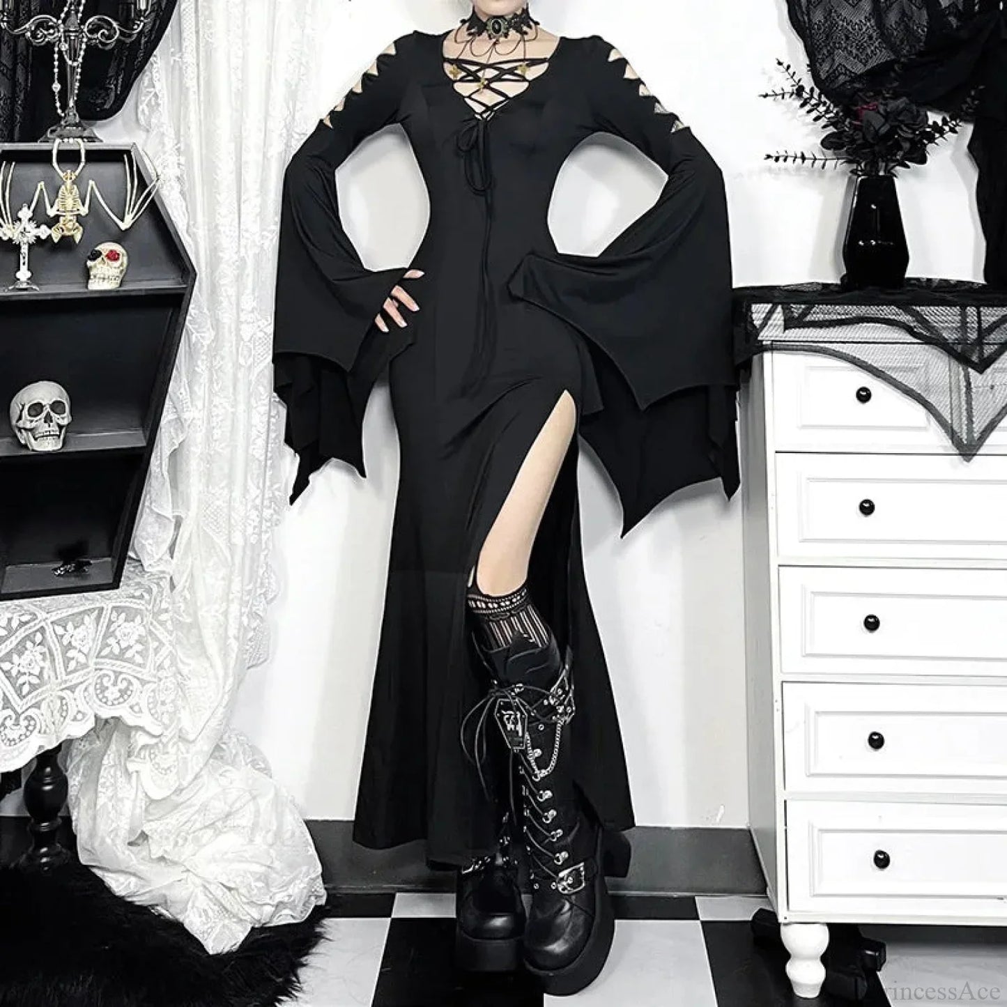 Empty Out Batwing Sleeve Full-Length Dress
