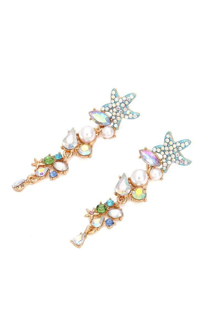 Pendientes colgantes de estrella de mar con perlas de cristal esmaltadas