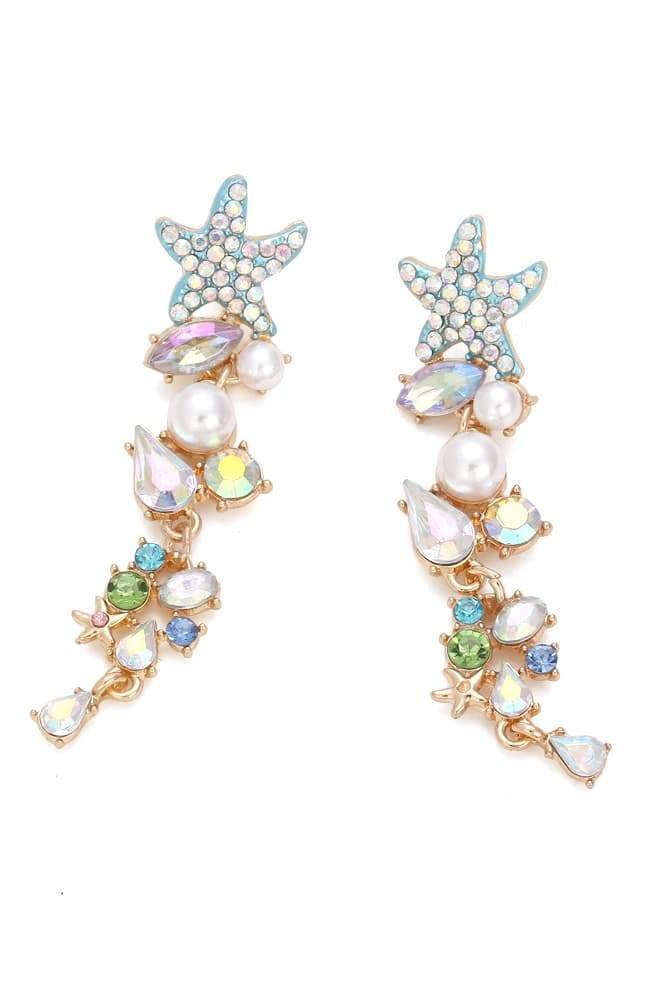 Pendientes colgantes de estrella de mar con perlas de cristal esmaltadas