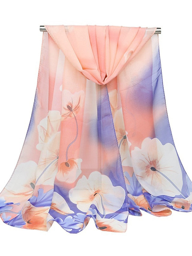 Thin Style Chiffon Georgette Print Beach Scarf Gradient Color Flower Summer Sunscreen Bandana Scarf&Shawl for Women