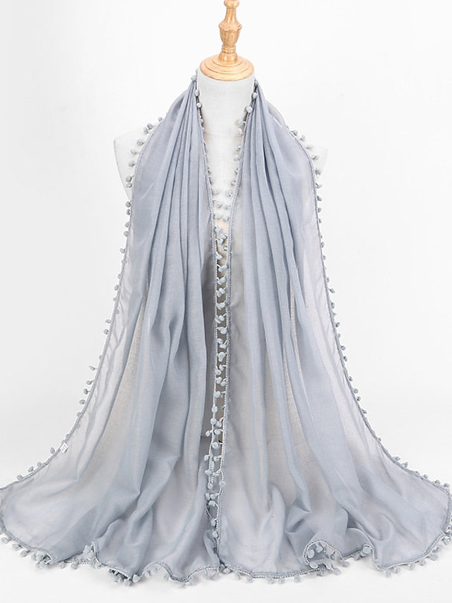 Plain Soft with small Pom Pom Ball Viscose Shawl Scarf Lady High Quality Wrap Muslim Hijab 180*80Cm for Women