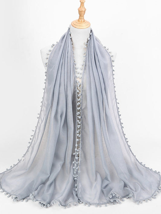 Plain Soft with small Pom Pom Ball Viscose Shawl Scarf Lady High Quality Wrap Muslim Hijab 180*80Cm for Women