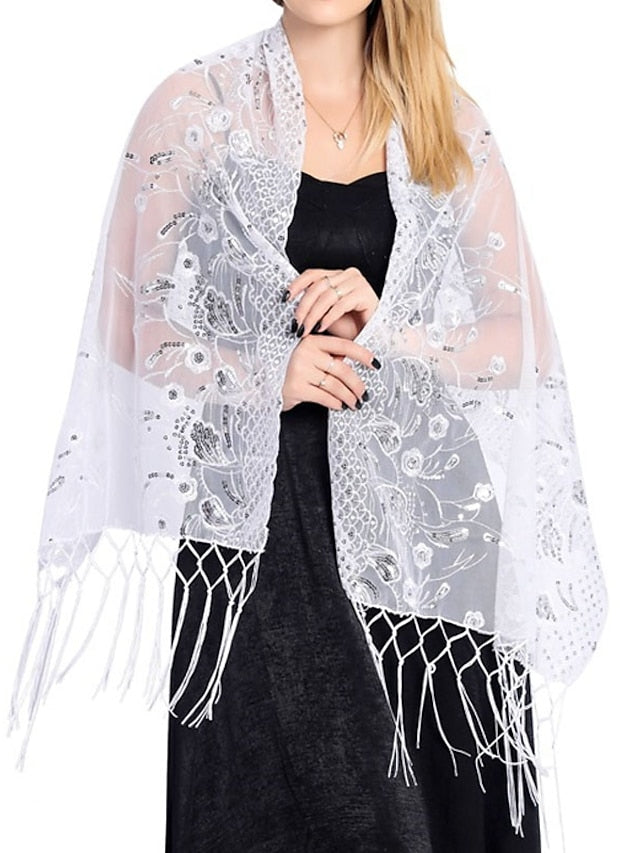 Shawls & Wraps Party Wedding Indoor Light Blue Black White Scarf Embroidered Flower for Women