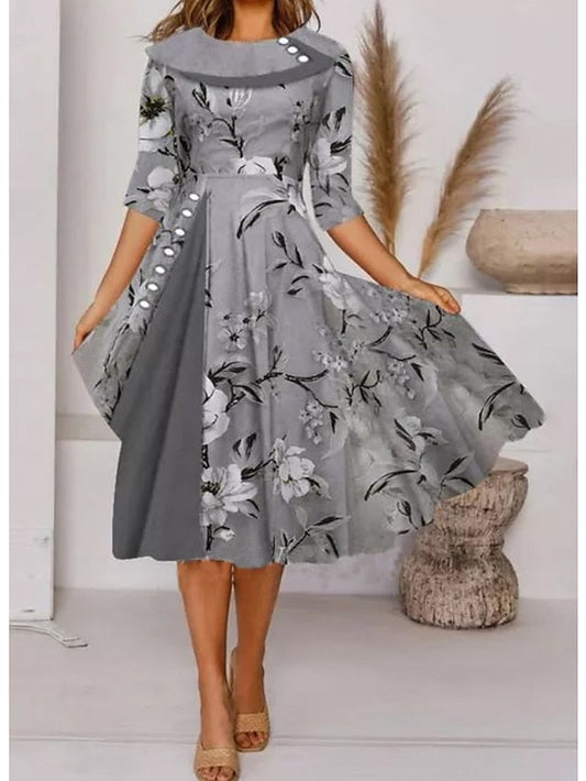 A Line Dress Knee Length Dress Gray Half Sleeve Floral Print Spring Summer Crew Neck Elegant Casual  S M L XL XXL 3XL for Women