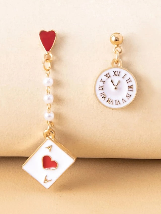 Korean girl clock earrings for asymmetric playing cards for Women