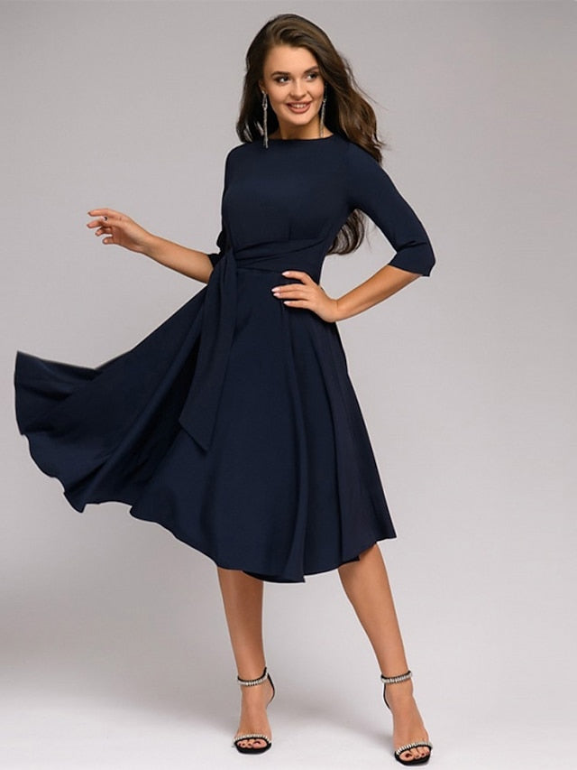 A Line Dress Knee Length Dress Dark Green Navy Blue Beige 3/4 Length Sleeve Pure Color Lace up Fall Spring Round Neck Stylish Elegant Casual Party Slim  S M L XL XXL for Women