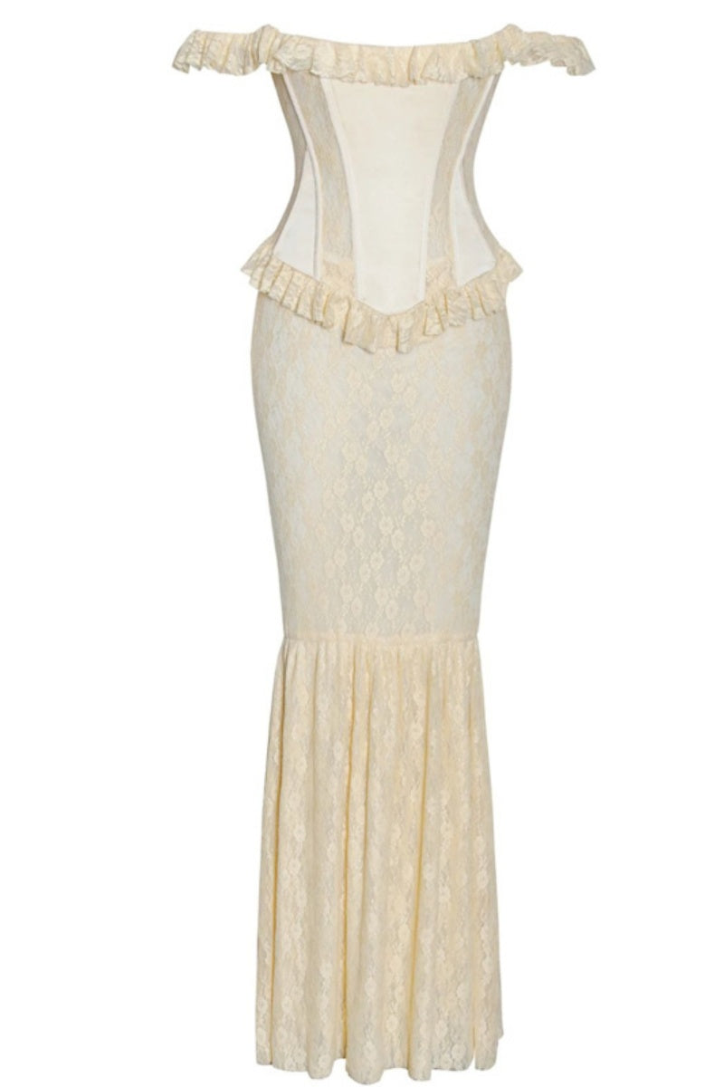 Vestido largo con hombros descubiertos, corsé peplum y encaje satinado
