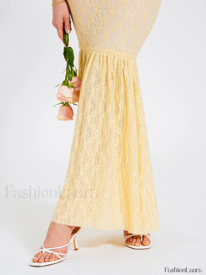 Ersilia Pale Yellow Satin Lace Trendy Peplum Corset Off Shoulder Maxi Dress