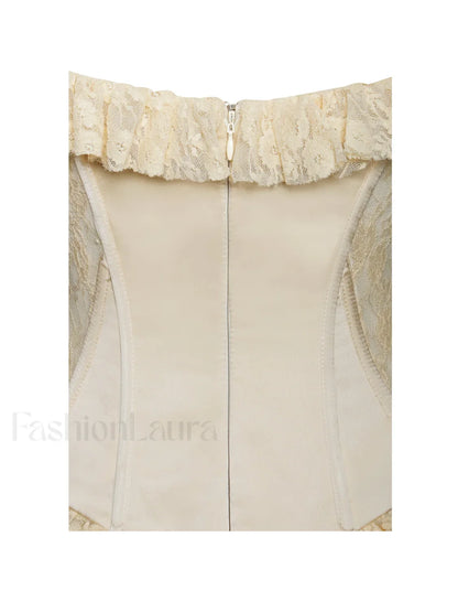 Ersilia Pale Yellow Satin Lace Trendy Peplum Corset Off Shoulder Maxi Dress