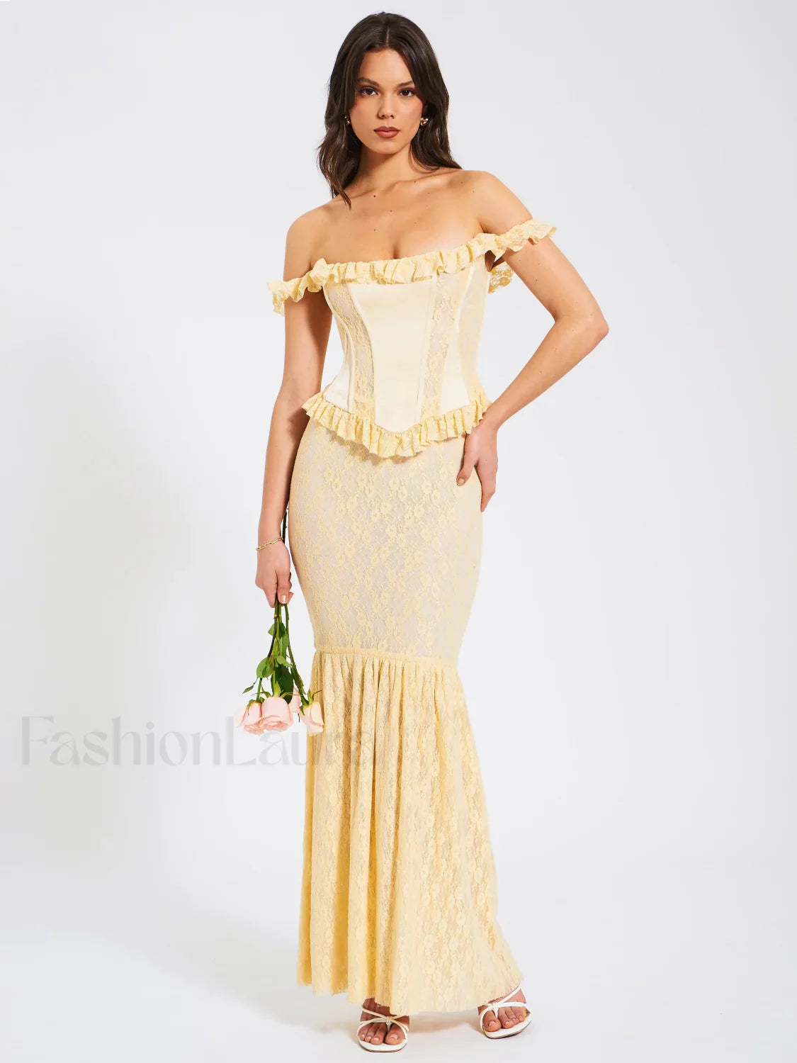 Ersilia Pale Yellow Satin Lace Trendy Peplum Corset Off Shoulder Maxi Dress