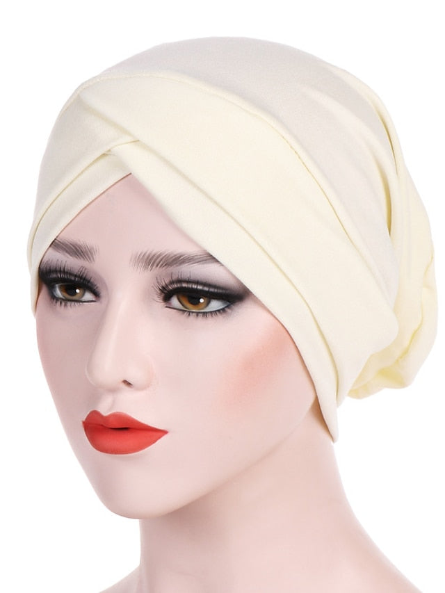 Solid Stretch Fabric Forehead Cross India Cap Turban Hat Women Elastic Turban Muslim Hijab Islamic India Hair Loss Caps Scarf Headwraps for Women