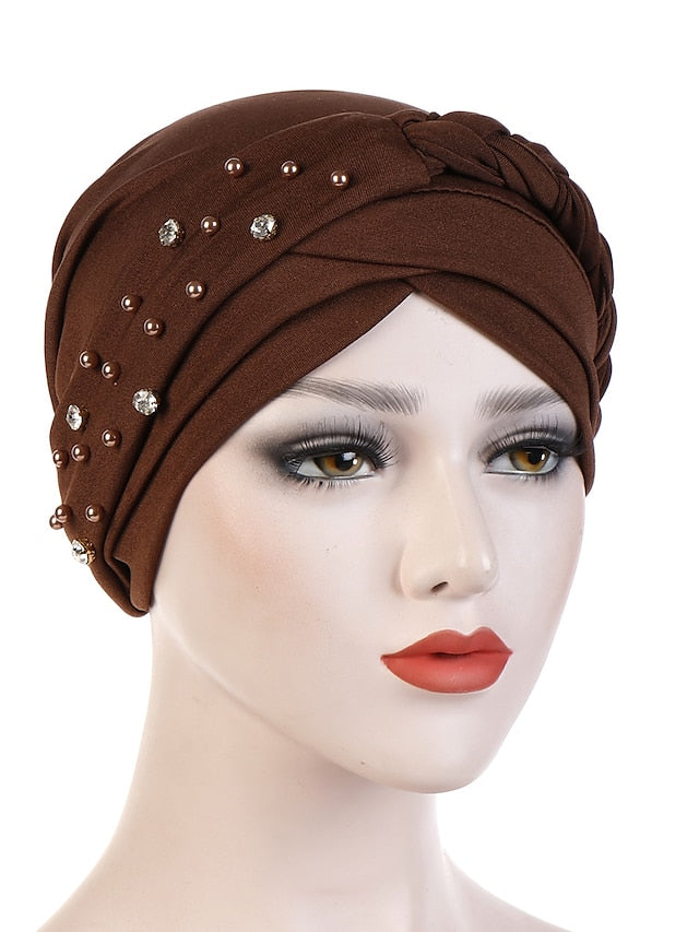 India Muslim Women Hijab Hat with Beads Turban Headscarf Islamic Head Wrap Lady Beanie Bonnet Hair Loss Cover for Women