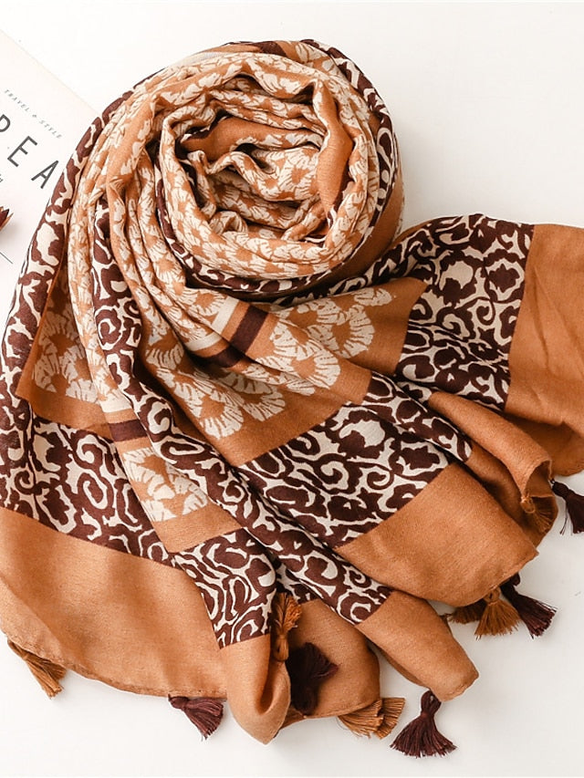 Fashion Women Scarf Print Hijab Flower Tassel Shawls and Wraps Long Style Female Boho Bandana for Women