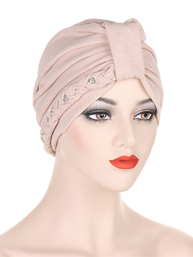 1PCS Trendy Two Dress Braid Turban Cap for Women with Crystal Muslim Head Wrap Islam Hijab Bonnet Hair Care Hat for Women