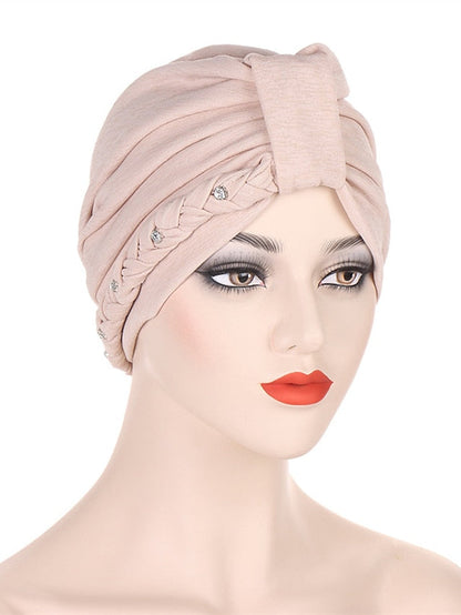 1PCS Trendy Two Dress Braid Turban Cap for Women with Crystal Muslim Head Wrap Islam Hijab Bonnet Hair Care Hat for Women