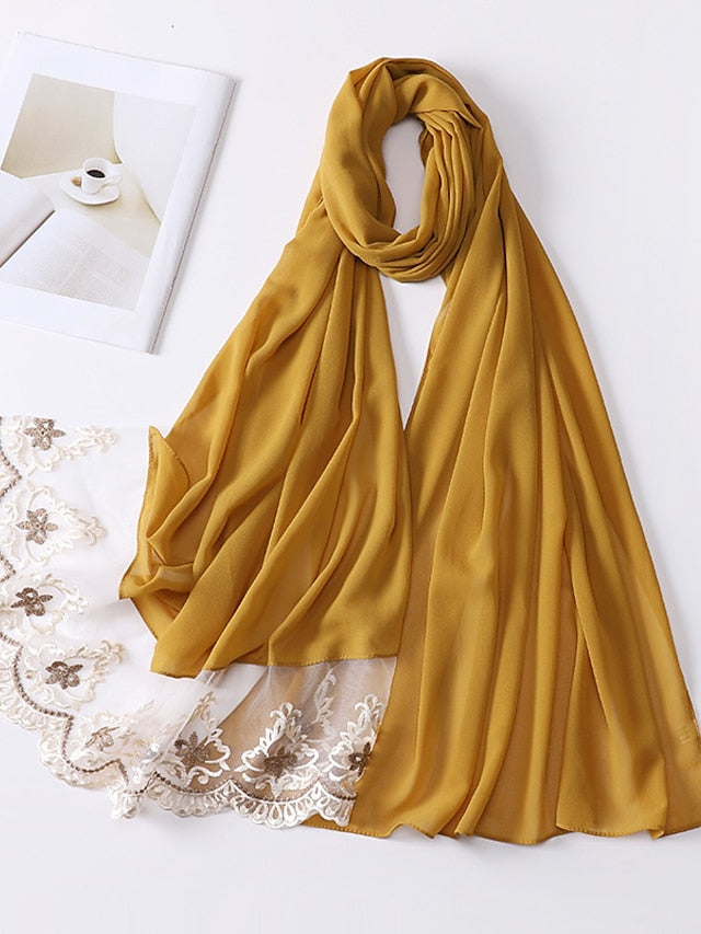 1pcs Lace Hijab For Women Bubble Chiffon Scarf Muslim Long Shawl Plain Turban HeadWraps Headband for Women