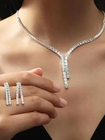 3pcs Bridal Jewelry Sets Bride Jewelry Set Silver Crystal Wedding Necklace Earrings Bridal Rhinestone tessel Pendant Accessories for Women and Bridesmaids (3 piece set - 2 earrings and 1 necklace) for Women