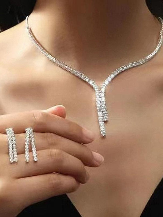 3pcs Bridal Jewelry Sets Bride Jewelry Set Silver Crystal Wedding Necklace Earrings Bridal Rhinestone tessel Pendant Accessories for Women and Bridesmaids (3 piece set - 2 earrings and 1 necklace) for Women