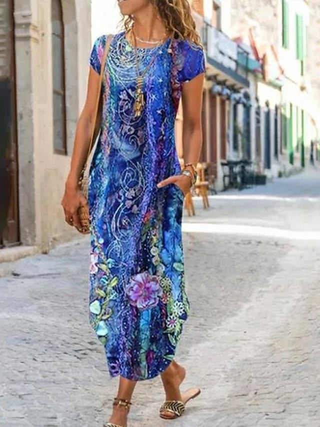 A Line Dress Maxi long Dress Blue Short Sleeve Floral Pocket Print Summer Round Neck Casual  S M L XL XXL 3XL for Women