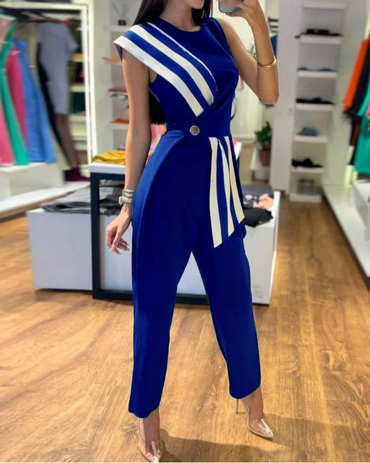 Women's Jumpsuit with Asymmetric Striped Accent and Gold Button Detail | Ideal for Spring/Summer