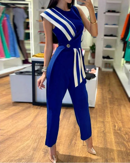 Women's Jumpsuit with Asymmetric Striped Accent and Gold Button Detail | Ideal for Spring/Summer