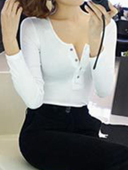 Solid Ribbed Breasted Long Sleeve Tee