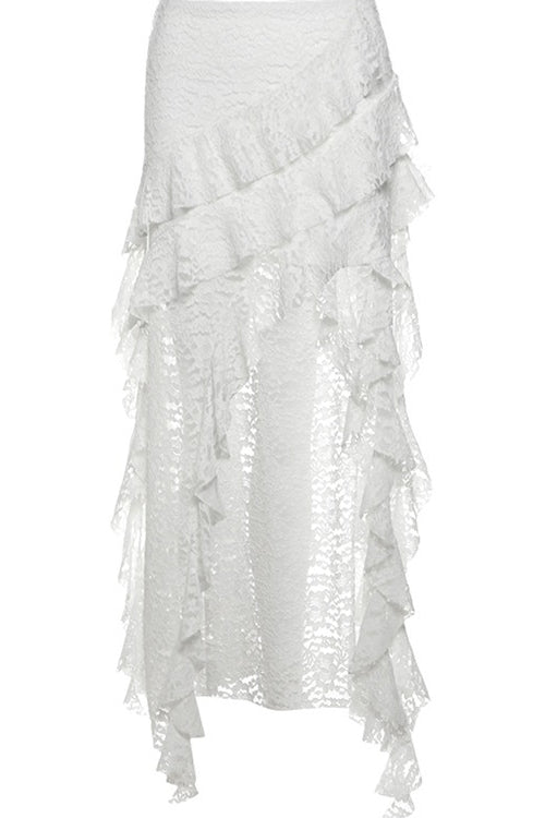 Punk Gothic Lace Ruffle Irregular Midi Skirt