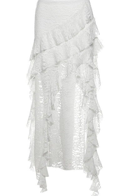 Punk Gothic Lace Ruffle Irregular Midi Skirt