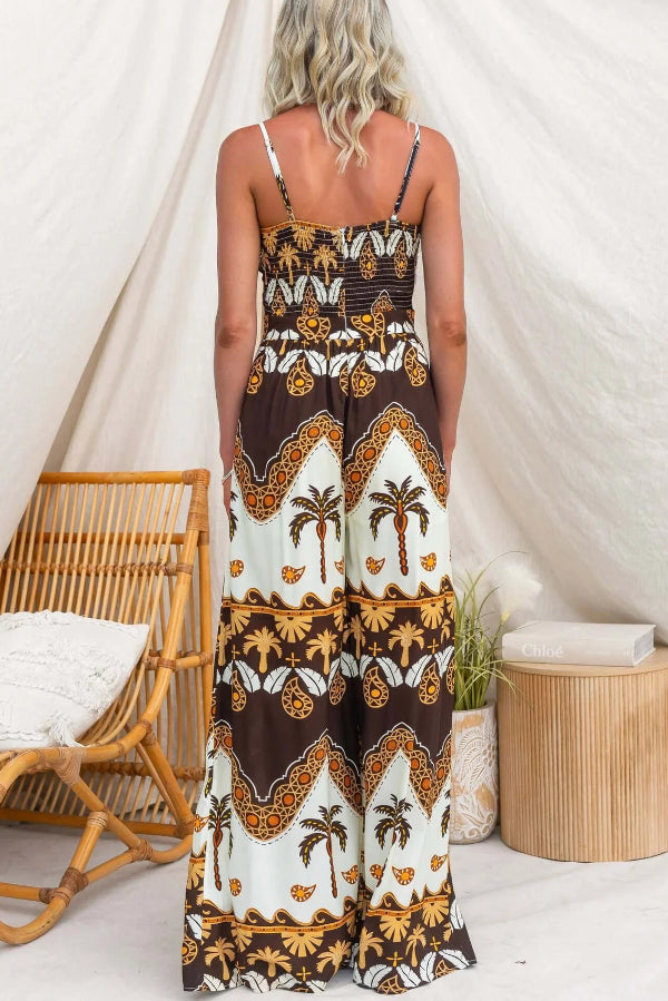 Unique Print Casual Spaghetti Strap High Waist Resort Loose Wide Leg Jumpsuit