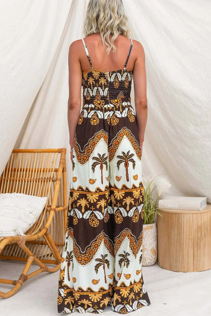 Unique Print Casual Spaghetti Strap High Waist Resort Loose Wide Leg Jumpsuit