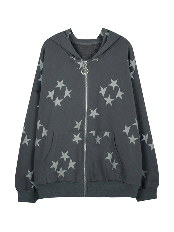 Oversized Star Print Zip Up Hoodie