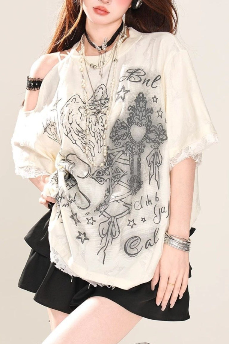 Lace Cold Shoulder Oversized T-Shirt