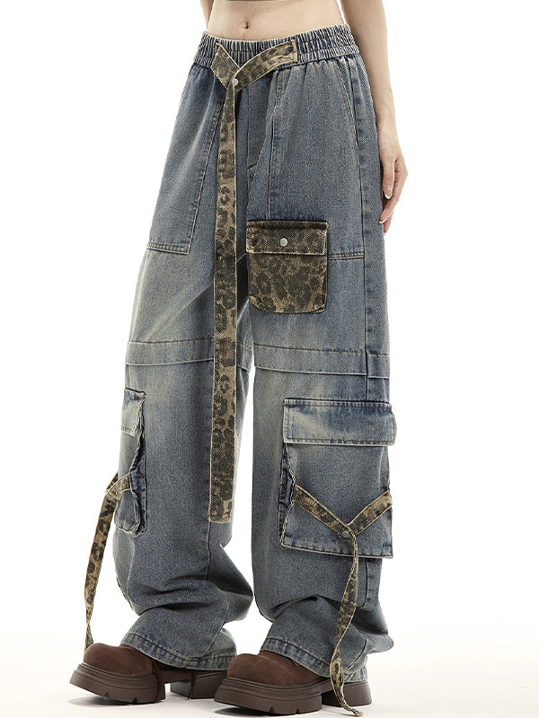 Vintage leopard print multi-pocket straps Cargo Jeans
