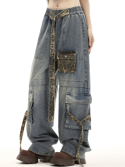 Vintage leopard print multi-pocket straps Cargo Jeans