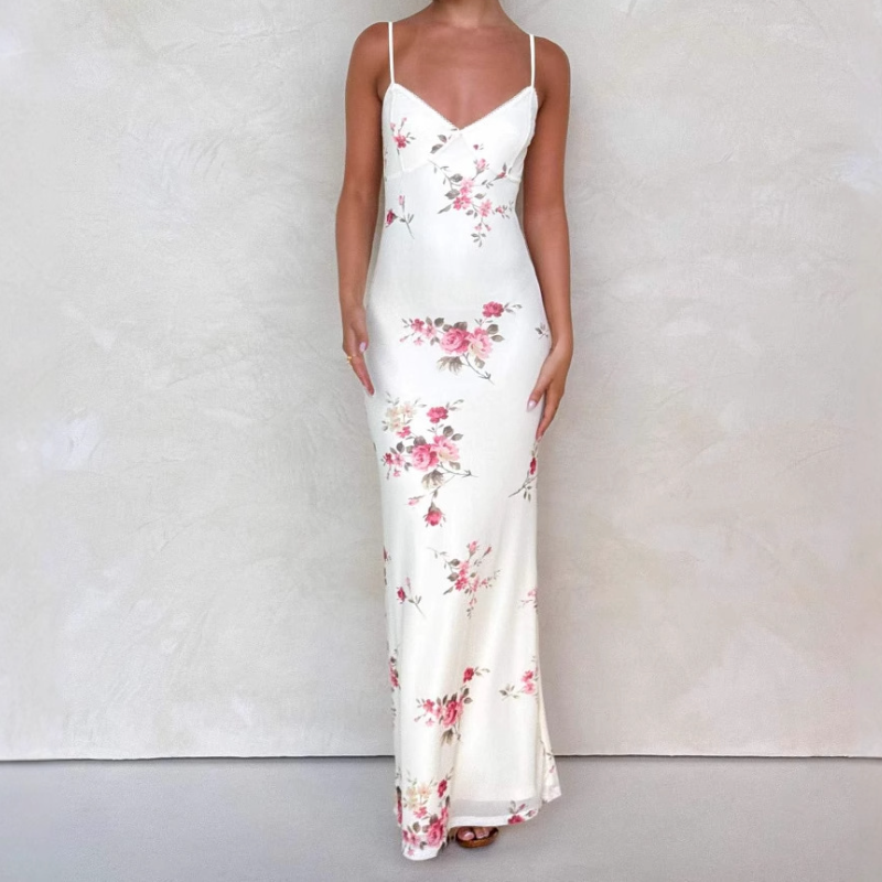 V neck flower print backless cami maxi dress  | Festival Outfits Women