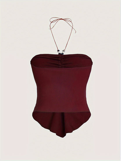 Solid Color Stretchy Polyester Blend Halter Neck Top - Y2K-Inspired Beaded Detail, Perfect for All Seasons