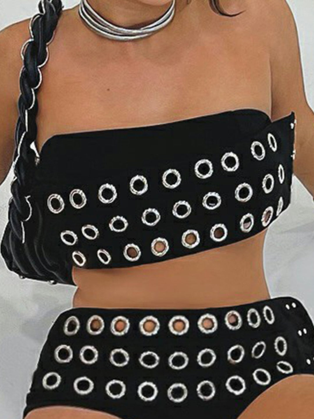 Edgy Cool Eyelet Detail Strapless Bandeau Crop Top