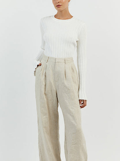 Solid Ribbed Crew Neck Long Sleeve Knit