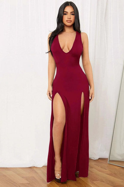 Solid Color Deep V Split Bodycon Sexy Party Dress