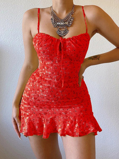 Floral Suspender Chest With Cutout Mini Dress